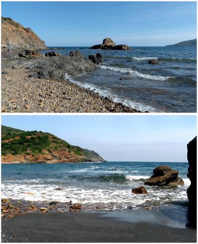 OUTCROP AND BLACK BEACH SANDS

Just 50 metres from Spiaggia di Terranera, a prominent outcrop, captured in the top photograph, juts dramatically into the Tyrrhenian Sea. This geological sentinel is composed of Calamita Schists, ancient rocks forged from deep-sea sediments laid down over 300 million years ago. Their dark, layered structure is intricately crisscrossed by pale veins of leucogranite, creating a stunning natural tapestry.

As seen in the bottom photo, this mineral-rich geology is the source of the coastline’s famed feature: the iconic black sand. Glittering with Hematite and other Iron minerals, the beach is a direct legacy of the area’s mining past, poignantly marked by the colossal man-made block, a stark remnant of the former Capo Bianco mining site. (Author: silvia)
