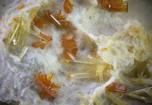 Calderonita y vanadinita<br />Mina San Francisco (antigua mina Pura), Higuera de Llerena, Comarca Campiña Sur, Badajoz, Extremadura, España<br />Campo de visión de  2 mm.<br /> (Autor: Antonio Carmona)