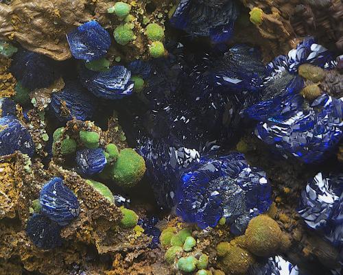 Azurita y malaquita<br />Minas de Cala, Cala, Comarca Sierra de Huelva, Huelva, Andalucía, España<br />Campo de visión de  4 mm.<br /> (Autor: Antonio Carmona)