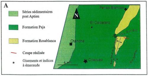 "El Calcetero" is located halfway between the historic mining areas of Coscuez and Peñas Blancas (From Yannick  Branquet, 1999). (Author: Fiebre Verde)