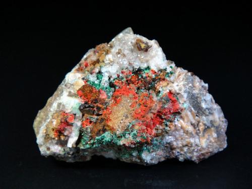 Cinabrio, Malaquita, Cuarzo, Siderita<br />Mina Collatera, Balsicas, Mazarrón, Comarca Alto Guadalentín, Región de Murcia (Murcia), España<br />5 x 3 cm.<br /> (Autor: Antonio P. López)