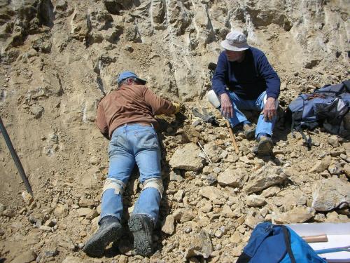 A prone Scott Werschky and John White tag teaming a pocket with quartz crystals. (Author: Tony L. Potucek)
