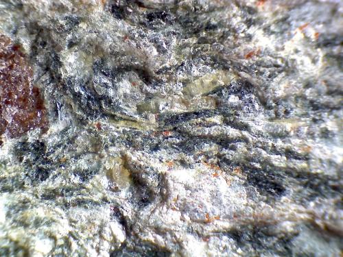 Anfibolita con granate
Río Sucio, Órgiva, Granada, Andalucía, España
60X
Detalle de la roca anterior.  Microfotografía que muestra un granate almandino (izquierda) y los cristales acumulados en su "cola" (sombra de presión), y que son probablemente epidota (verde oliváceo) y anfíbol (verde oscuro o negro), junto a la plagioclasa blanca y la mica clara.  Los minúsculos cristales anaranjados pueden ser zircones, muy abundantes en estas rocas, y que permiten, por sus propiedades radiactivas, efectuar dataciones absolutas. (Autor: prcantos)