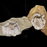 Calcite on QuartzZona Harrodsburg, Clear Creek, Condado Monroe, Indiana, USAgeodes 6.0 cm,  rhombohedral crystal 3.0 cm,  scalenohedral crystal 3.5 cm (Author: Bob Harman)