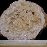 Calcite on QuartzAfloramientos Carretera Estatal 56, Canton, Condado Washington, Indiana, USAgeode is 14 cm x 12 cm. Calcites are up to 2.2 cm (Author: Bob Harman)