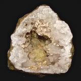 Baryte and Dolomite on QuartzZona Harrodsburg, Clear Creek, Condado Monroe, Indiana, USAThe example is 10 cm. The baryte cluster is about 4.5 cm with the largest terminated blades about 1.3 cm (Author: Bob Harman)