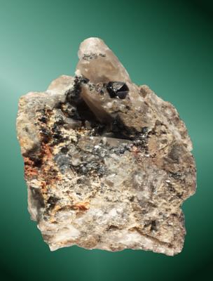 Brookita
Magnet Cove,  Hot Springs Co., Arkansas, EUA.
6,3 x 5,8 x 4,6 cm. (ejemplar) / 0,6 x 0,6 x 0,5 cm. (macla)
Macla cíclica de cristales bipiramidales implantada en cuarzo.
Ejemplar de 1997 (Autor: Carles Curto)