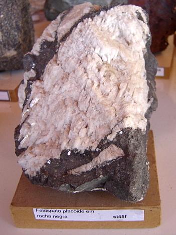 Feldspato (quizá albita) en roca. Muestra con 15 cm. Origen desconocida (Autor: Anisio Claudio)