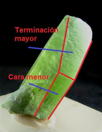 Olivino
Soppat, Naran-Kaghan Valley,  Mansehra District, Khyber Pakhtunkhwa, Pakistán
Pongo en imágenes el comentario sobre la terminación y pinacoide de cada lado: en este caso es mayor la terminación y menor la cara. (Autor: Antonio Alcaide)
