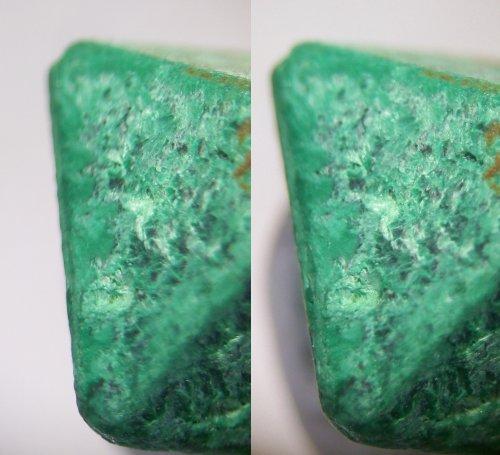 Malachite psm Cuprite, Chessy-les-Mines, Rhône-Alpes, France.
12 x 10 x 10mm, weight ~1.55g. GN’s collection id 09FRMc001.
Detail: pits with some Malachite needles, stereo pair, halogen light plus white LED.  Field of view about 5 x 9.5mm. (Author: Gerhard Niklasch)