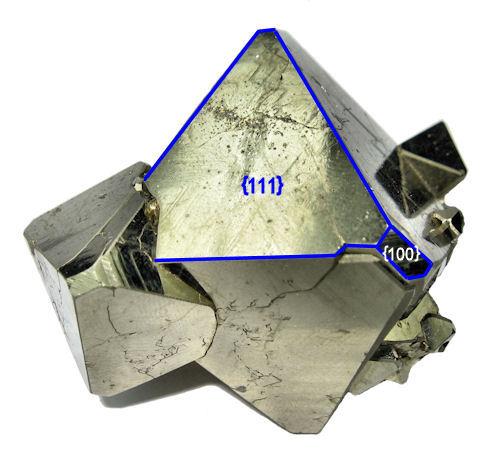 Pyrite
Mina Huanzala, Huallanca, Dos de Mayo, Huánuco, Peru
52 mm x 47 mm x 45 mm

Showing Miller indices (Author: Carles Millan)