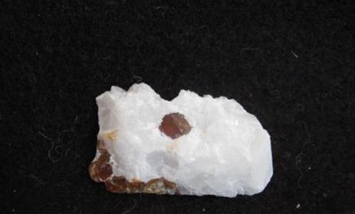 Grossular on Calcite
Hunting Hill Quarry, Rockville, Montgomery Co., Maryland, USA
4.5 cm x 2 cm; garnet is 0.5 x 0.5 cm. 
Collected by Jessica Simonoff
Photo: Jessica Simonoff

This Grossular was published by Jessica Simonoff in her thread of her own collection ( http://www.mineral-forum.com/message-board/viewtopic.php?t=886 )

Thanks Jessica! (Author: Jordi Fabre)