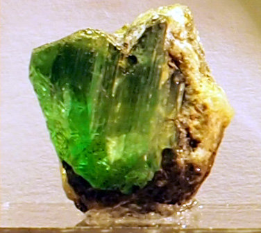 Spodumene var. Hiddenite
Colburn- Hidden Pit Stony Point, Alexander Co., North Carolina, USA
2.1cm x 1.9 cm (Author: Rich Olsen)