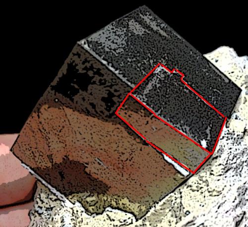 Pyrite
Ampliación a Victoria Mine, Navajún, La Rioja, Spain
10 x 8 x 8 cm.
Detailed of previous specimen. Diagram to define the smallest singular crystal. Biggest crystal size: 3 cm. (Author: supertxango)