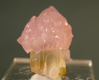 Deeply-colored rose quartz crystals form a scepter over a gemmy to milky quartz crystal, Minas Gerais, Brazil, 2.6 x 2 x 1.8 cm, ex-Jim Couch (Author: Jim)
