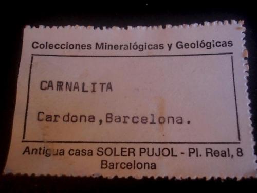Etiqueta original años 80 del ejemplar de Carnalita (Autor: Javier Garcia Canals)