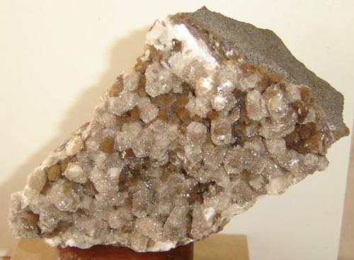 Estelerita (cristales marrons con 1cm) e calcita. Tamaño de la muestra- 13cm. Pedreira SUTEPA, Tainhas, RS-Brasil (Autor: Anisio Claudio)