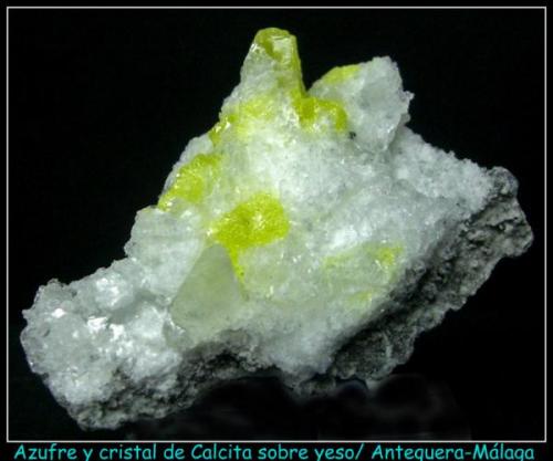 AZUFRE NATIVO Y CRISTAL DE CALCITA SOBRE YESO-Antequera-Málaga-5.cm x 6.5 (Autor: Mijeño)