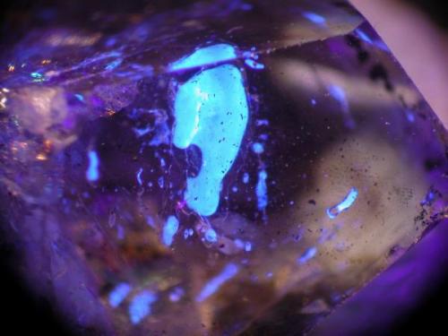 cuarzo de Berbes con inclusiones de hidrocarburos bajo luz UV (Autor: Cesar M. Salvan)
