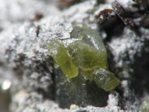 Diopsido, grupo de cristales, tamaño del cristal mayor aproximadamente 1 mm (Autor: Vinoterapia)