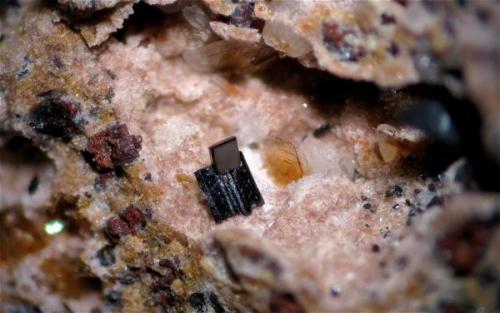 Macla de Pseudobrookita, a la derecha se observa un cristal de Flogopita. Ancho del campo visual 4,4 mm (Autor: Vinoterapia)