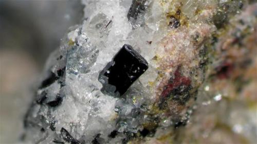 Cristal negro con brillo metálico y caras lisas, nótese la reflexión de la calcita en la parte inferior del cristal de pseudobrookita. Este tipo de cristal suele encontrarse asociado a masas de calcita y hematita.
Campo visual aproximado 4,4 mm. Profundidad focal usando Combine ZP, 6 planos. (Autor: Vinoterapia)