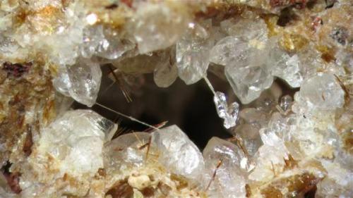 Otro ejemplo de cristales "flotantes" de calcita, en este caso creciendo sobre un mineral no identificado. Hacia el fondo se observan algunos cristales aciculares de warwickita.
Campo visual aproximado 4,6 mm. Profundidad de campo mediante Combine ZP, 6 planos. (Autor: Vinoterapia)