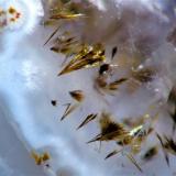 "Abanicos" de Goethita. Los cristales se encuentran englobados en el agata de una geoda de Amatista, pueden observarse debido a la pulitura de la superficie del corte de la geoda.
Campo de Vision = 5,3 mm (Autor: Vinoterapia)