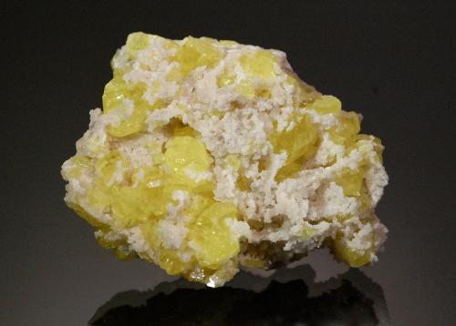 Sulfur, Aragonite<br />Cianciana Mines, Cianciana, Agrigento (Girgenti) Province, Sicily, Italy<br />5.3 x 4.1 x 2.4 cm<br /> (Author: Michael Shaw)