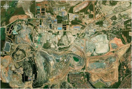 An aerial photo of the Kolwezi mines as they appeared in early 2022.

Open Cut GPS coordinates (digital)

A - DIKULUWE PIT, -10.74472, 25.36250 – Sicomines (Gécamines/SIMCO/Chinese companies)
B - MASHAMBA WEST PIT, -10.74083, 25.37556 – Sicomines (Gécamines/SIMCO/Chinese companies)
C - MASHAMBA EAST PIT, -10.74250, 25.39472 - Kamoto Copper Company (Glencore) (Author: silvia)