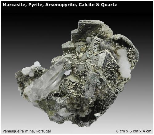 Marcasite, Pyrite, Arsenopyrite, Calcite & Quartz<br />Minas da Panasqueira, Aldeia de São Francisco de Assis, Covilhã, Castelo Branco, Cova da Beira, Centro, Portugal<br />6 cm x 6 cm x 4 cm<br /> (Author: silvia)