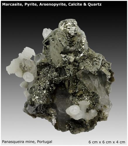 Marcasite, Pyrite, Arsenopyrite, Calcite & Quartz<br />Minas da Panasqueira, Aldeia de São Francisco de Assis, Covilhã, Castelo Branco, Cova da Beira, Centro, Portugal<br />6 cm x 6 cm x 4 cm<br /> (Author: silvia)