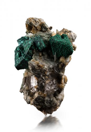 Djurleite after Digenite and coated by Malachite<br />Cavradi, Curnera Valley, Tujetsch (Tavetsch), Vorderrhein Valley, Grischun (Grisons; Graubünden), Switzerland<br />4.5 x 4 x 7 cm / main crystal: 1.8 cm<br /> (Author: MIM Museum)
