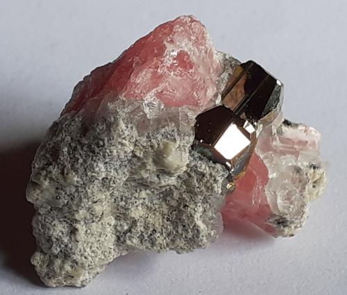 Pyrite, Rhodochrosite<br />Wutong Mine, Liubao, Cangwu, Wuzhou Prefecture, Guangxi Zhuang Autonomous Region, China<br />2,5 x 1,5 cm<br /> (Author: Volkmar Stingl)