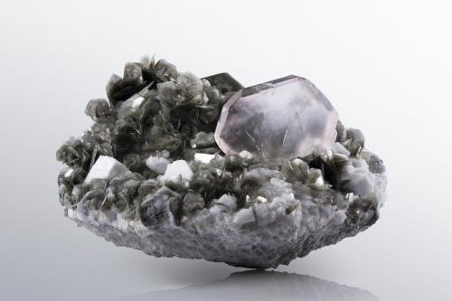 Fluorite on Mica (Group) and with Orthoclase<br />Chumar Bakhoor, Valle Hunza, Distrito Nagar, Gilgit-Baltistan (Áreas del Norte), Paquistán<br />26 x 22 x 13.5 cm / main crystal: 9.0 cm.<br /> (Author: MIM Museum)
