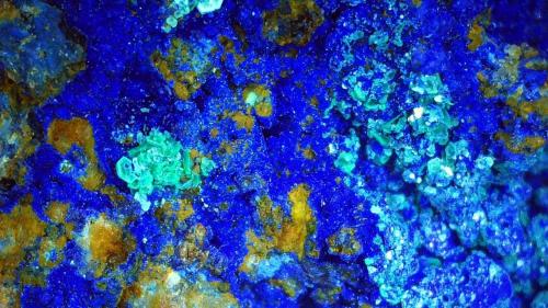 Azurite, Chalcophyllite<br />pania Dolina (Herrengrund), Banská Bystrica, Banská Bystrica Region, Slovak Republic<br />3,5 x 3 cm<br /> (Author: Volkmar Stingl)