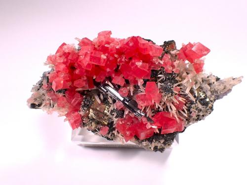 Rhodochrosite, Pyrite, Quartz, Fluorite, Tetrahedrite, Hubnerite<br />Mina Sweet Home, Monte Bross, Distrito Alma, Condado Park, Colorado, USA<br />132 mm x 78 mm<br /> (Author: Don Lum)