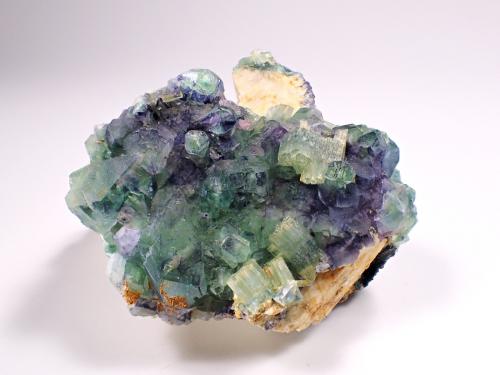 Beryl (variety aquamarine, variety heliodor), Fluorite, Feldspar<br />Erongo Mountain, Usakos, Erongo Region, Namibia<br />71 mm x 63 mm x 57 mm<br /> (Author: Don Lum)