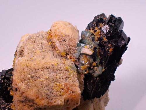 Feldspar (variety Carlsbad Twin), Beryl (variety alkali beryl), Schorl, Hyalite OPal<br />Erongo Mountain, Usakos, Erongo Region, Namibia<br />75 mm x 62 mm x 54 mm<br /> (Author: Don Lum)