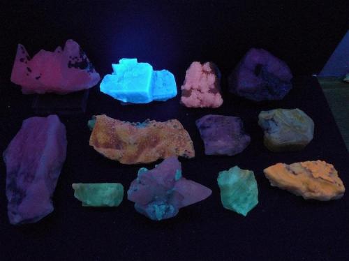 Esta fluorita de Rogerley es, de largo, el mineral mas fluorescente de mi colección bajo luz ultravioleta de onda larga (foto bajo un tubo de luz negra de 20W).
Aquí puede verse como su intensidad destaca sobre todas las demás: (Autor: Josele)