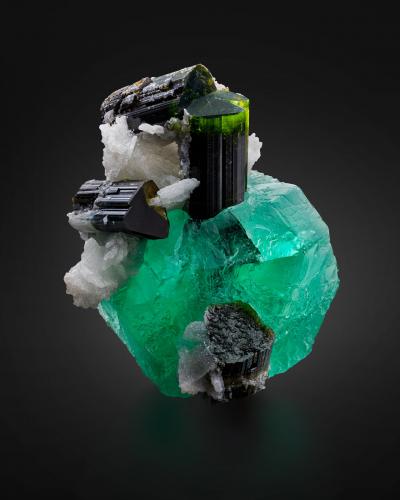 Fluorite with Tourmaline (Group) and Albite (variety cleavelandite)<br />Stak Nala, Haramosh Mountains, Skardu District, Gilgit-Baltistan (Northern Areas), Pakistan<br />6.5 x 6.5 x 8 cm / main crystal: 6.1 cm.<br /> (Author: MIM Museum)
