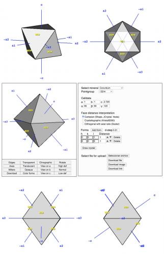 Las caras que en la imagen anterior habría que inclinar un poco para lograr un octaedro perfecto en el sistema trigonal (¿otra paradoja?) son del romboedro {101}. Teniendo en cuenta la posición de esa cara respecto al eje “c”, inclinarla equivale a disminuir la distancia al centro del punto donde la cara corta al eje “c”, que a su vez equivale a aumentar el índice correspondiente a ese eje. La cara es la (101), si aumento el tercer índice a 2 me voy al romboedro plano {102} y se queda chato. Hay que inclinarla solo un poco, así a ojo diría ponerlo a 1,1 pero, lástima, los índices no pueden ser decimales. Sin embargo, hay otra forma de hacerlo. (101) equivale a (808) pues lo que define una cara es la proporción entre los índices, no su valor absoluto. Para inclinar la cara solo un poco, puedo decirle al programa que haga el romboedro a partir de (809).

Ahora es un octaedro cabal, con triángulos equiláteros en todas sus caras. Por muchas vueltas que le dé, no le veo fallo.
Aunque difícilmente será un cristal natural, pues la forma {809} es muy improbable. (Autor: Josele)