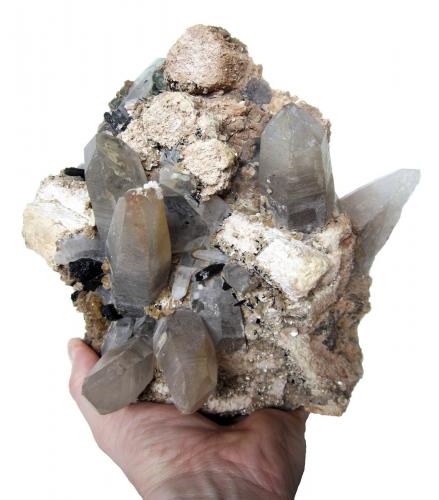 Quartz, Feldspar, Schorl, Muscovite, Fluorite<br />Davib East Farm 61 (Davib Ost Farm), Karibib District, Erongo Region, Namibia<br />Specimen size 26 cm, largest quartz crystals 11 cm<br /> (Author: Tobi)