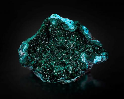 Dioptase with Malachite<br />Renéville, Kindanba District, Pool Department, Republic of the Congo<br />39 x 30 x 15 cm / main crystal: 3.5 cm<br /> (Author: MIM Museum)