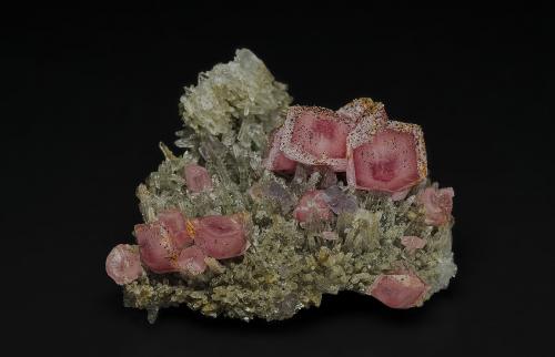Rhodochrosite, Fluorapatite, Quartz<br />Mina Wutong, Liubao, Cangwu, Prefectura Wuzhou, Región Autónoma Guangxi Zhuang, China<br />4.1 x 3.6 cm<br /> (Author: am mizunaka)