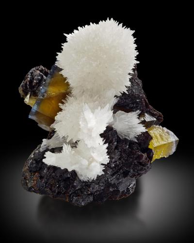 Strontianite, Fluorite and Sphalerite<br />Minerva I Mine, Bethel level, Ozark-Mahoning group, Cave-in-Rock Sub-District, Hardin County, Illinois, USA<br />12.5 x 10 x 8.5 cm<br /> (Author: MIM Museum)