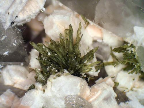 Clinozoisita-Epidota (Serie), Ortoclasa, Cuarzo<br />Cantera de El Madroñal, Plutón de La Cabrera, El Madroñal, Valdemanco, Comarca Sierra de Guadarrama, Comunidad de Madrid, España<br />Grupo de cristales de 8 mm.<br /> (Autor: Antonio P. López)