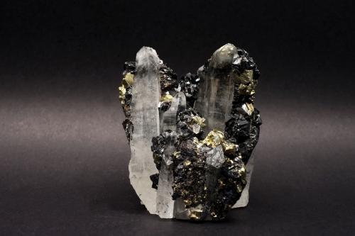 Quartz Chalcopyrite Sphalerite<br />Borieva Mine, Madan mining area, Rhodope Mountains, Smolyan Oblast, Bulgaria<br />4,5x3,5x5 cm<br /> (Author: DanovskiM)