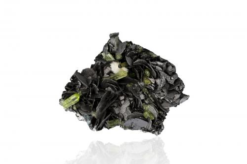 Graphite with Diopside and Mesolite<br />Karo Pit, D-Block Mine, Merelani Hills, Lelatema Mountains, Simanjiro District, Manyara Region, Tanzania<br />4.5 x 3.5 x 1.5 cm / main crystal: 1.1 cm<br /> (Author: MIM Museum)