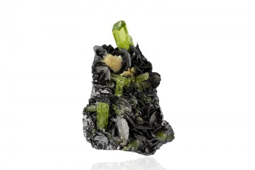 Graphite with Diopside and Mesolite<br />Karo Pit, D-Block Mine, Merelani Hills, Lelatema Mountains, Simanjiro District, Manyara Region, Tanzania<br />4 x 3 x 2.5 cm / main crystal: 0.9 cm<br /> (Author: MIM Museum)